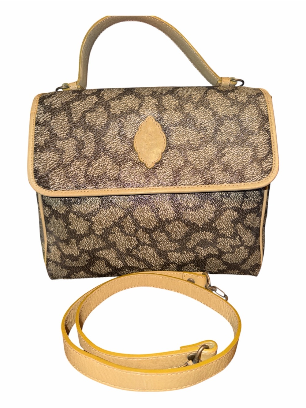 Vintage Yves Saint Laurent Giraffe Print Coated Canvas Top Handle Crossbody Bag